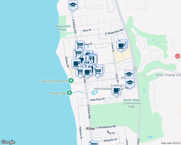 map of restaurants, bars, coffee shops, grocery stores, and more near 1279 South Kihei Road in Kihei