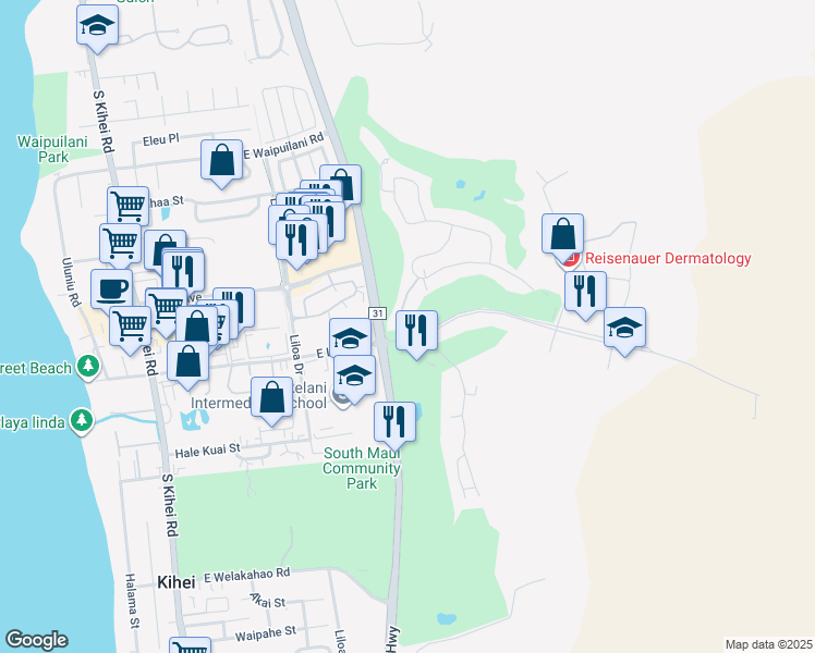 map of restaurants, bars, coffee shops, grocery stores, and more near Halelea Street in Kihei
