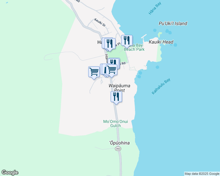 map of restaurants, bars, coffee shops, grocery stores, and more near 5210 Hana Highway in Hana