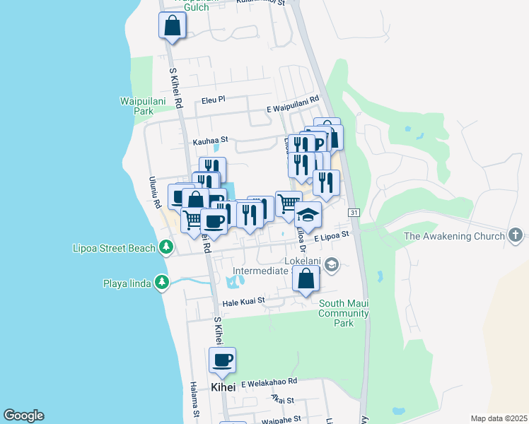 map of restaurants, bars, coffee shops, grocery stores, and more near 115 East Lipoa Street in Kihei