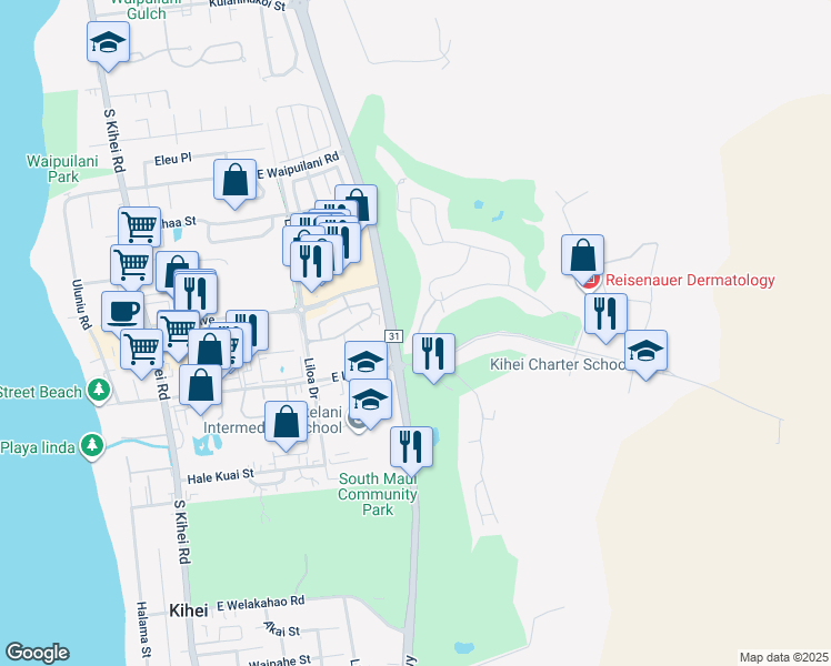 map of restaurants, bars, coffee shops, grocery stores, and more near 481 Halelea Street in Kihei