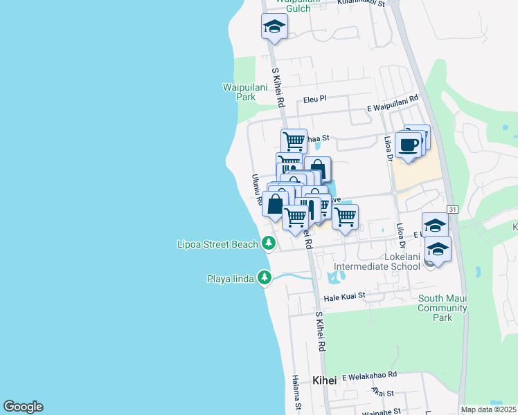 map of restaurants, bars, coffee shops, grocery stores, and more near 1250 Uluniu Road in Kihei