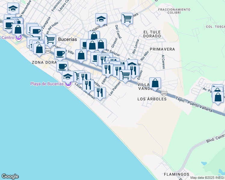 map of restaurants, bars, coffee shops, grocery stores, and more near Las Palmas in Bucerías
