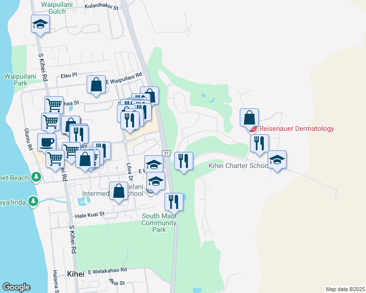 map of restaurants, bars, coffee shops, grocery stores, and more near 580 Halelea Street in Kihei