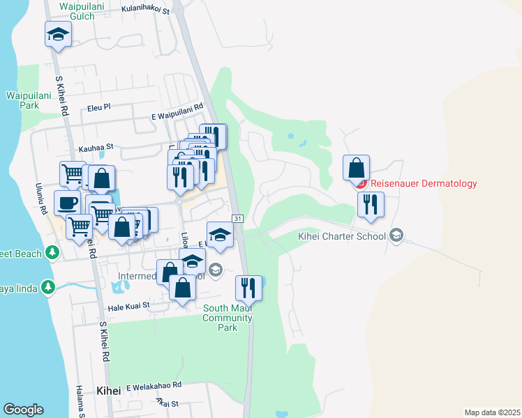 map of restaurants, bars, coffee shops, grocery stores, and more near 580 Halelea Street in Kihei