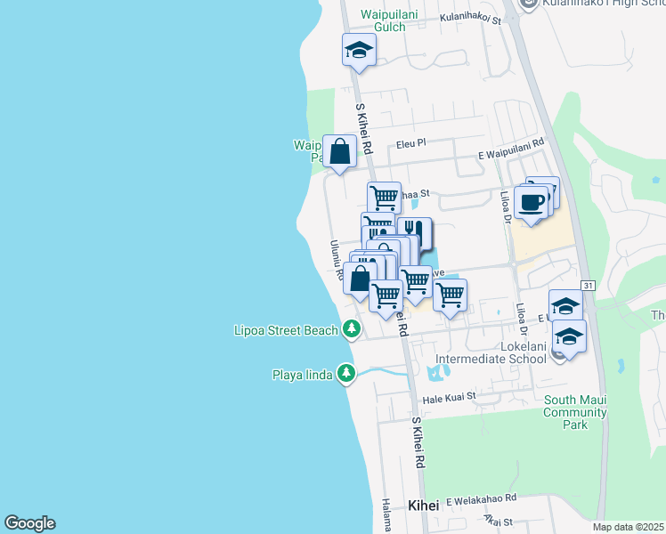 map of restaurants, bars, coffee shops, grocery stores, and more near 1210 Uluniu Road in Kihei