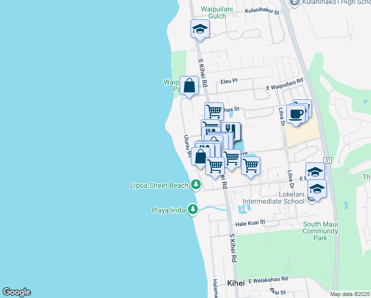 map of restaurants, bars, coffee shops, grocery stores, and more near 1210 Uluniu Road in Kihei