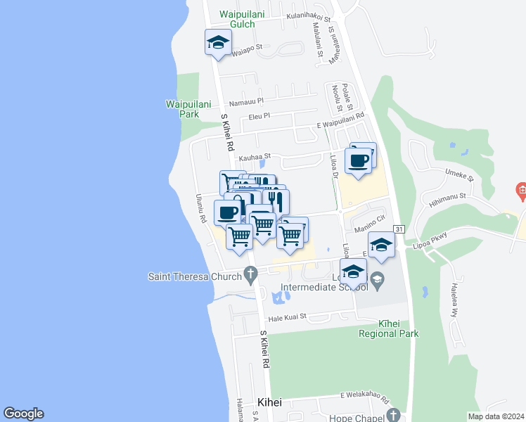 map of restaurants, bars, coffee shops, grocery stores, and more near 1215 South Kihei Road in Kihei