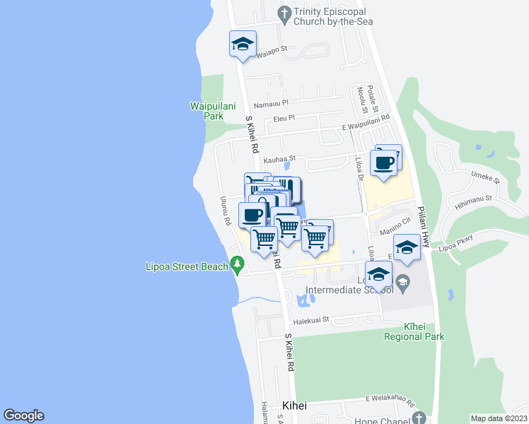 map of restaurants, bars, coffee shops, grocery stores, and more near 1203 South Kihei Road in Kihei