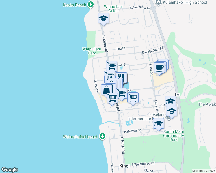 map of restaurants, bars, coffee shops, grocery stores, and more near 1204 South Kihei Road in Kihei