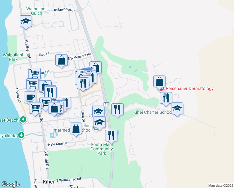 map of restaurants, bars, coffee shops, grocery stores, and more near 2177 Hihimanu Street in Kihei