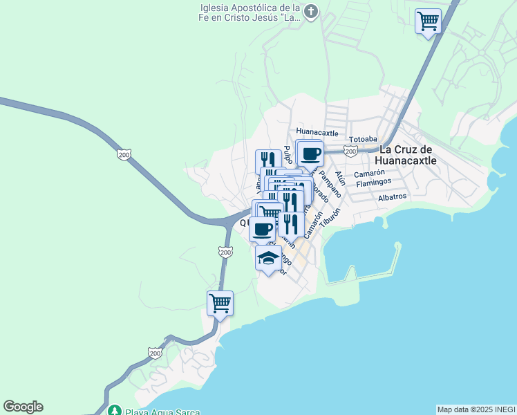 map of restaurants, bars, coffee shops, grocery stores, and more near Carretera Federal la Cruz de Huanacaxtle - Punta de Mita in Cruz de Huanacaxtle