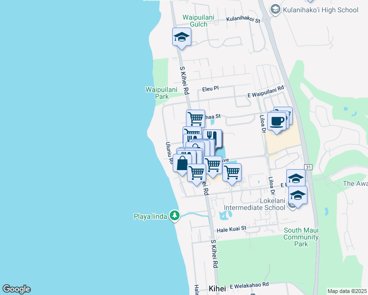 map of restaurants, bars, coffee shops, grocery stores, and more near 33 Nohokai Street in Kihei
