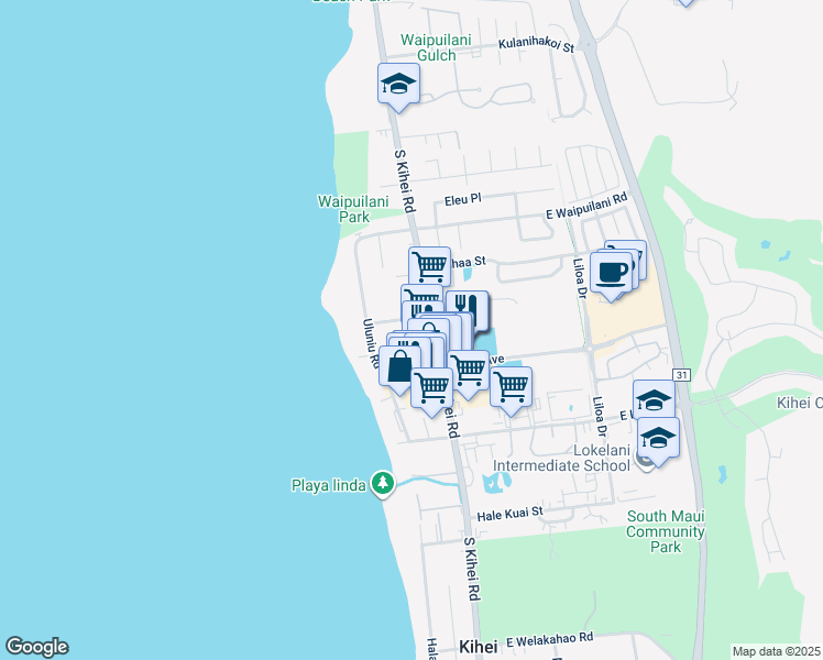 map of restaurants, bars, coffee shops, grocery stores, and more near 19 Nohokai Street in Kihei