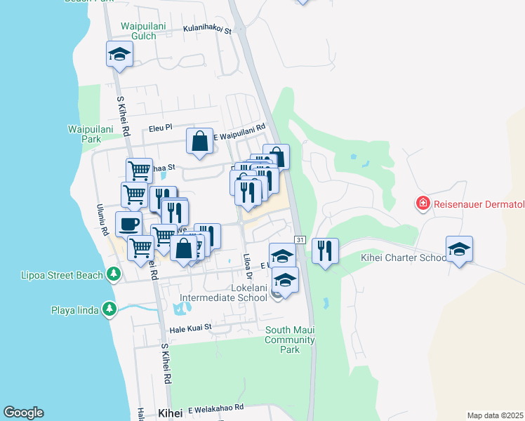 map of restaurants, bars, coffee shops, grocery stores, and more near 255 Piikea Avenue in Kihei