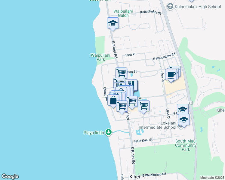 map of restaurants, bars, coffee shops, grocery stores, and more near 45 Nohokai Street in Kihei