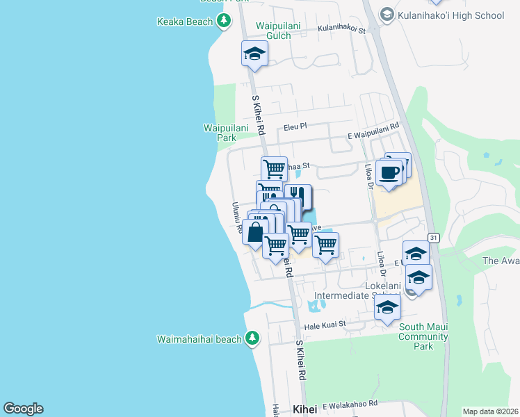 map of restaurants, bars, coffee shops, grocery stores, and more near 27 Nohokai Street in Kihei
