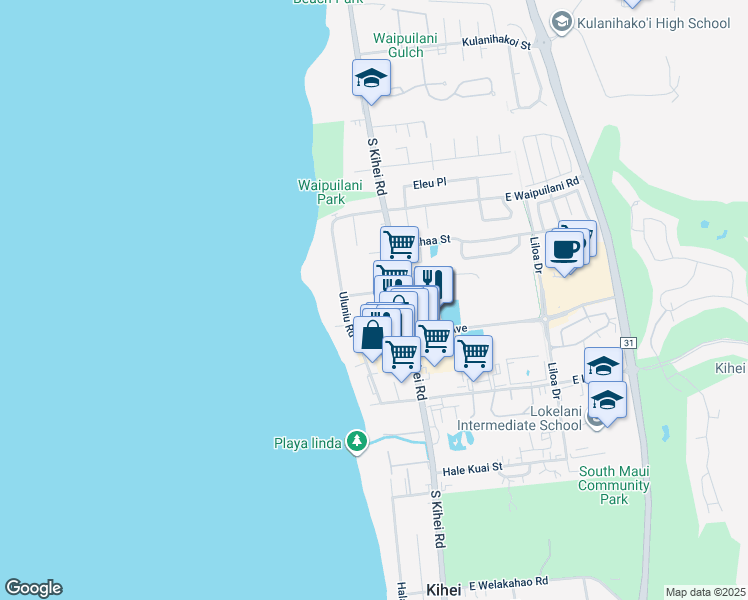 map of restaurants, bars, coffee shops, grocery stores, and more near 33 Nohokai Street in Kihei