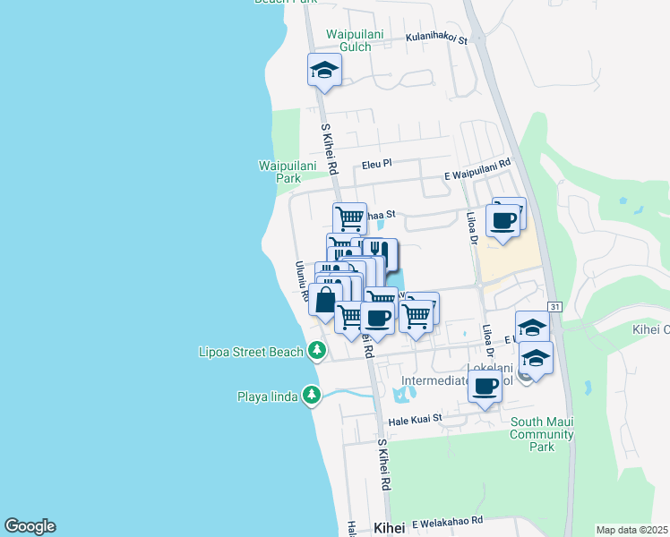 map of restaurants, bars, coffee shops, grocery stores, and more near 23 Nohokai Street in Kihei