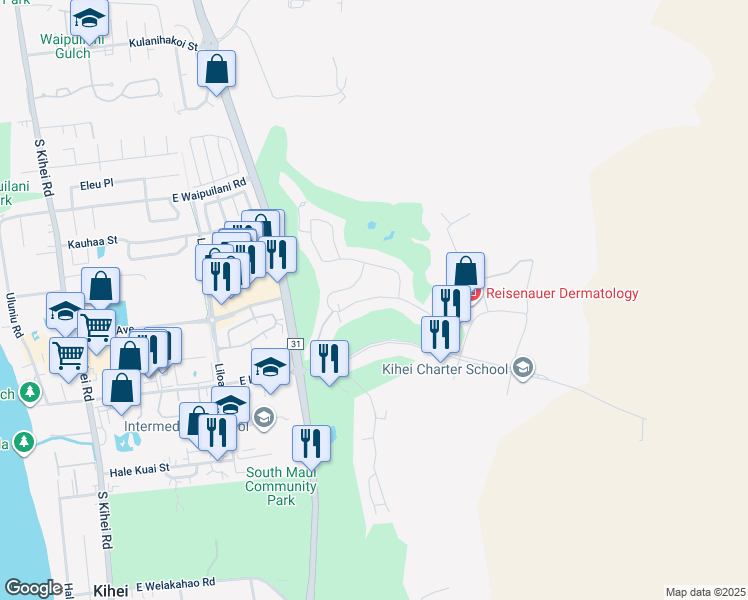 map of restaurants, bars, coffee shops, grocery stores, and more near 1387 Hihimanu Street in Kihei