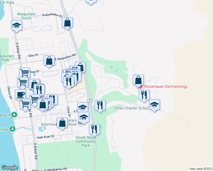 map of restaurants, bars, coffee shops, grocery stores, and more near 2832 Hihimanu Street in Kihei