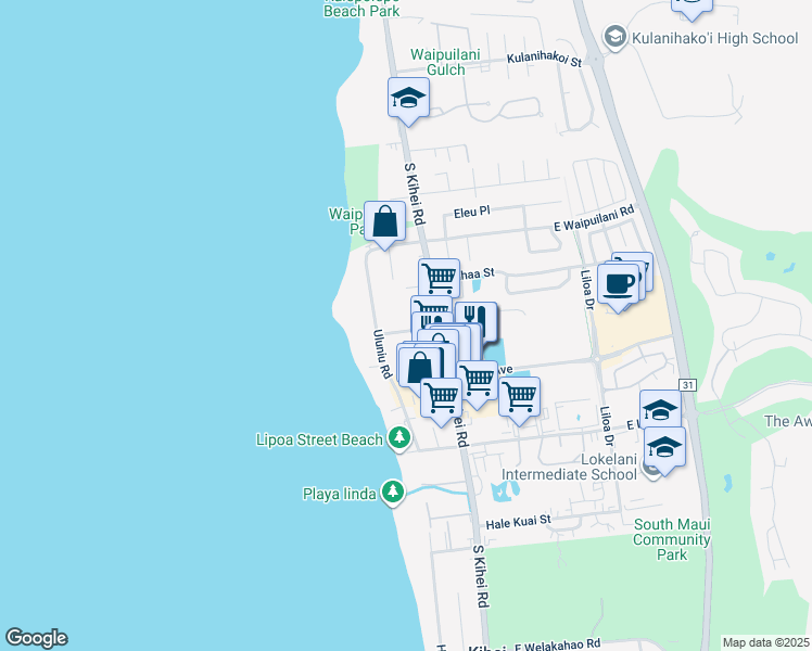 map of restaurants, bars, coffee shops, grocery stores, and more near 40 Nohokai Street in Kihei