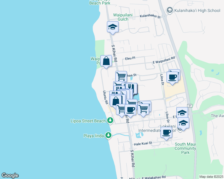map of restaurants, bars, coffee shops, grocery stores, and more near 40 Nohokai Street in Kihei