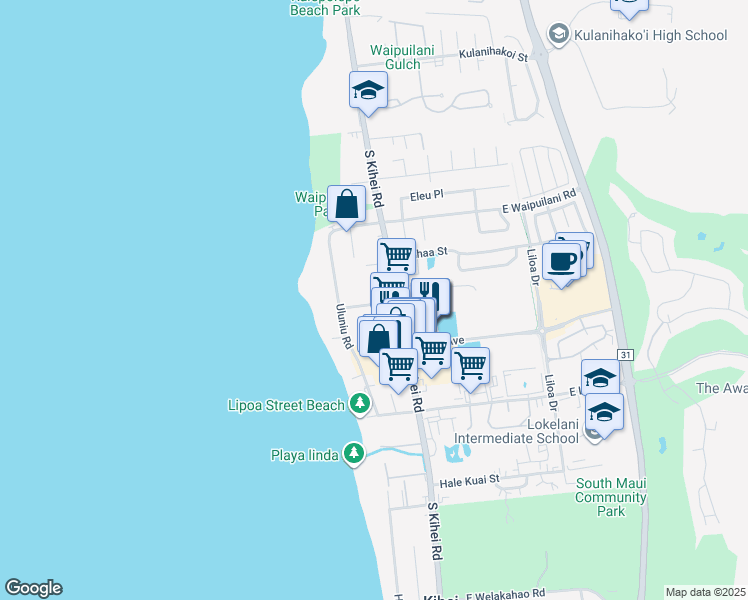 map of restaurants, bars, coffee shops, grocery stores, and more near 40 Nohokai Street in Kihei