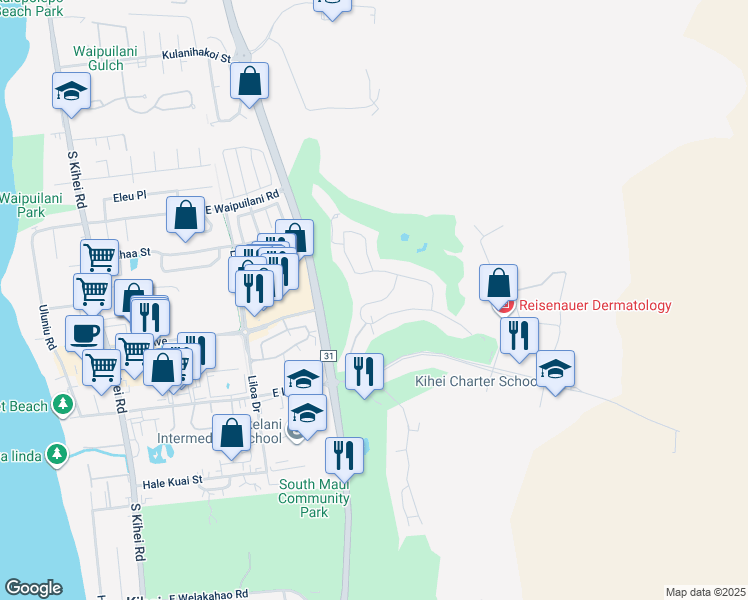 map of restaurants, bars, coffee shops, grocery stores, and more near 2553 Hihimanu Street in Kihei