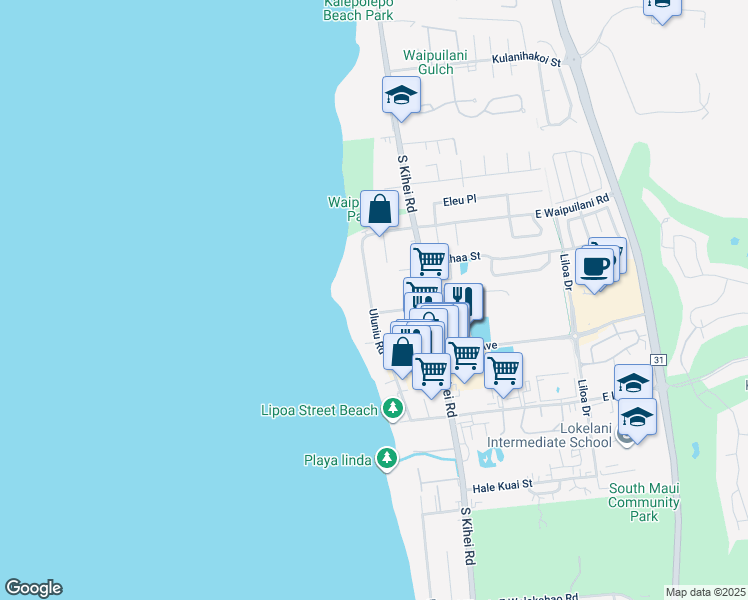 map of restaurants, bars, coffee shops, grocery stores, and more near 1157 Uluniu Road in Kihei