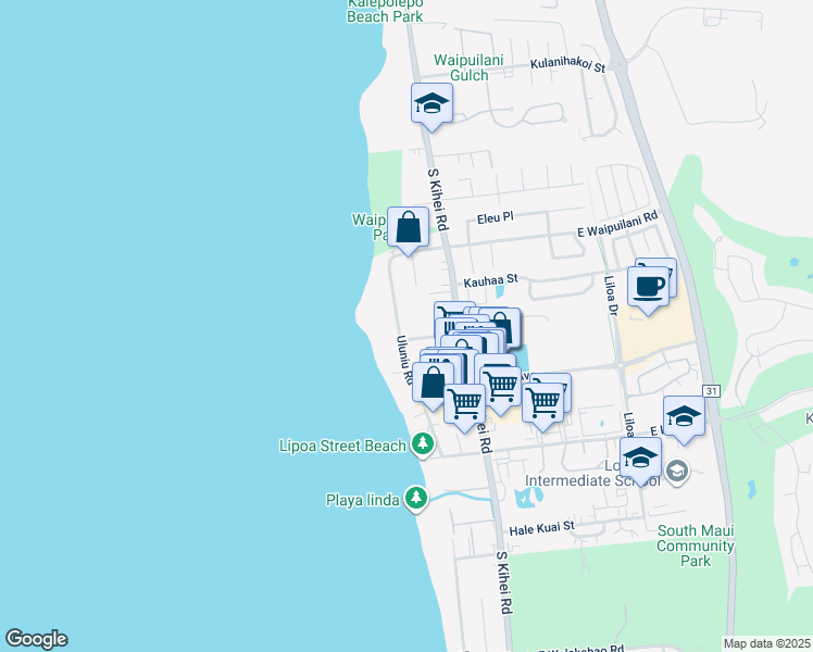 map of restaurants, bars, coffee shops, grocery stores, and more near 1157 Uluniu Road in Kihei