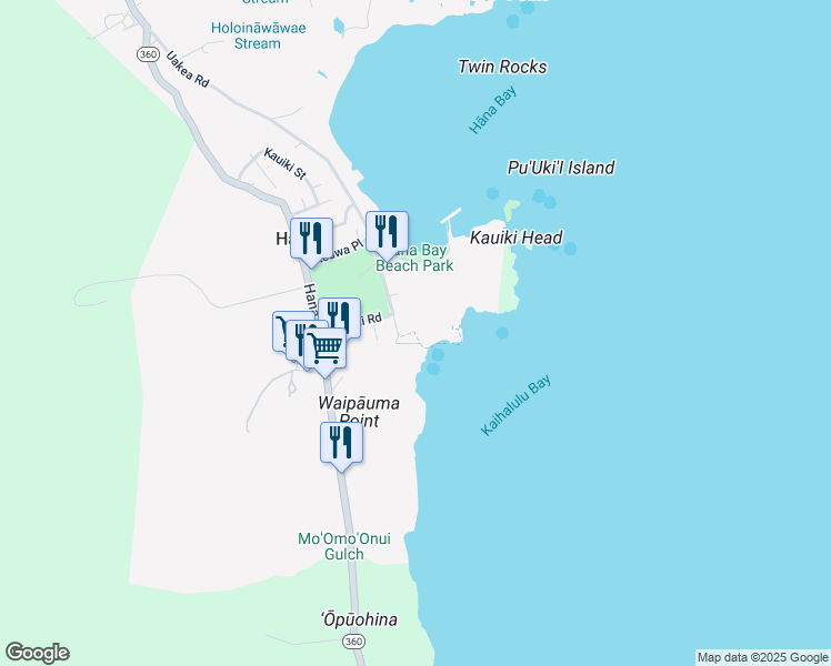 map of restaurants, bars, coffee shops, grocery stores, and more near 0 Uakea Road in Hana