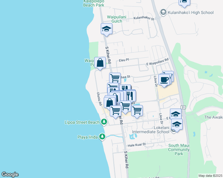 map of restaurants, bars, coffee shops, grocery stores, and more near 1156 South Kihei Road in Kihei
