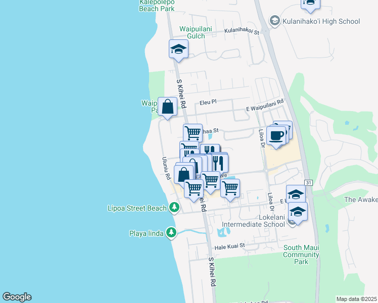 map of restaurants, bars, coffee shops, grocery stores, and more near 1156 South Kihei Road in Kihei