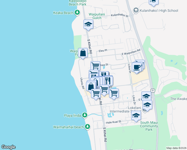 map of restaurants, bars, coffee shops, grocery stores, and more near 1083 South Kihei Road in Kihei