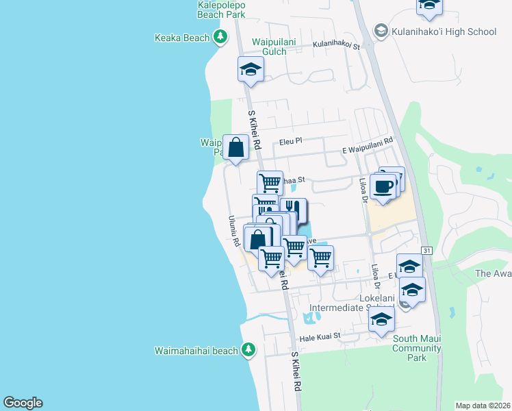 map of restaurants, bars, coffee shops, grocery stores, and more near 1144 South Kihei Road in Kihei
