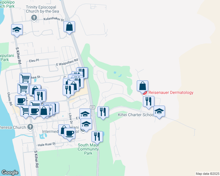 map of restaurants, bars, coffee shops, grocery stores, and more near 520 Halelea Street in Kihei