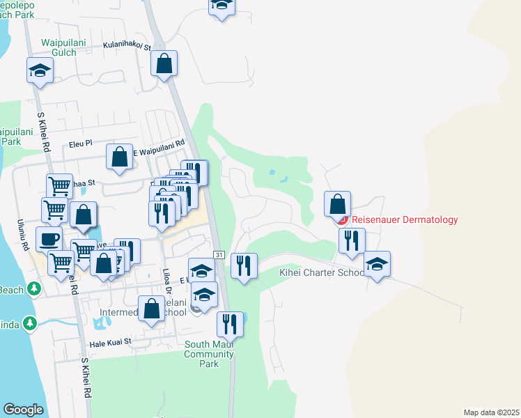 map of restaurants, bars, coffee shops, grocery stores, and more near 520 Halelea Street in Kihei