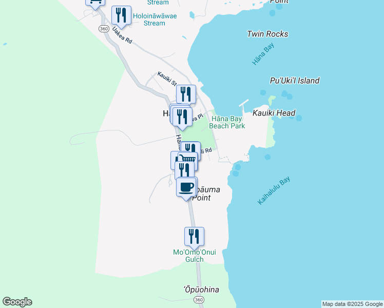 map of restaurants, bars, coffee shops, grocery stores, and more near 20 Hauoli Road in Hana