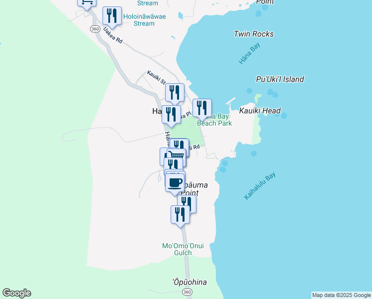 map of restaurants, bars, coffee shops, grocery stores, and more near 30 Hauoli Road in Hāna