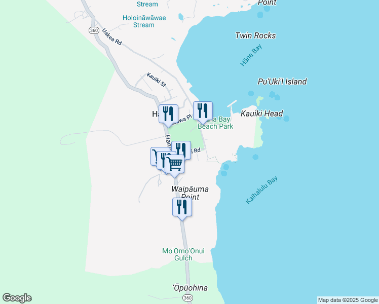 map of restaurants, bars, coffee shops, grocery stores, and more near Hauoli Road in Hana