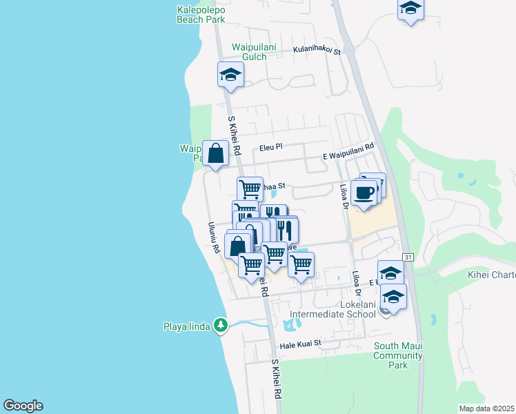 map of restaurants, bars, coffee shops, grocery stores, and more near 36 Laumaewa Loop in Kihei