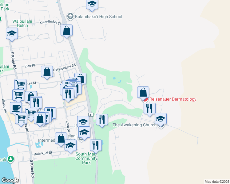 map of restaurants, bars, coffee shops, grocery stores, and more near 760 Halelea Street in Kihei