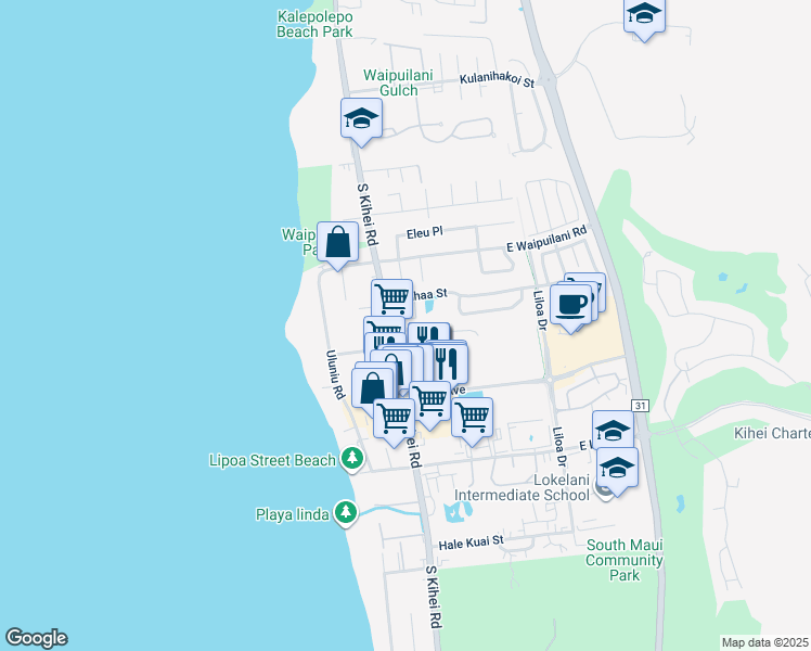 map of restaurants, bars, coffee shops, grocery stores, and more near 40 Laumaewa Loop in Kihei