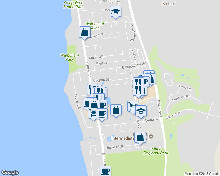 map of restaurants, bars, coffee shops, grocery stores, and more near 26 Laumakani Loop in Kihei