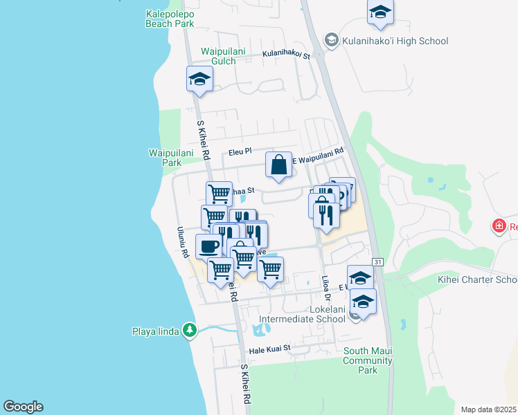 map of restaurants, bars, coffee shops, grocery stores, and more near 26 Laumakani Loop in Kihei