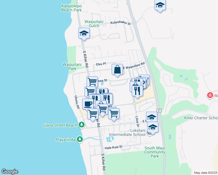 map of restaurants, bars, coffee shops, grocery stores, and more near 26 Laumakani Loop in Kihei