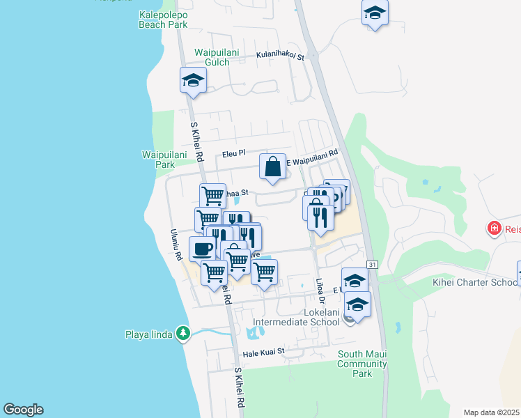 map of restaurants, bars, coffee shops, grocery stores, and more near 32 Laumakani Loop in Kihei