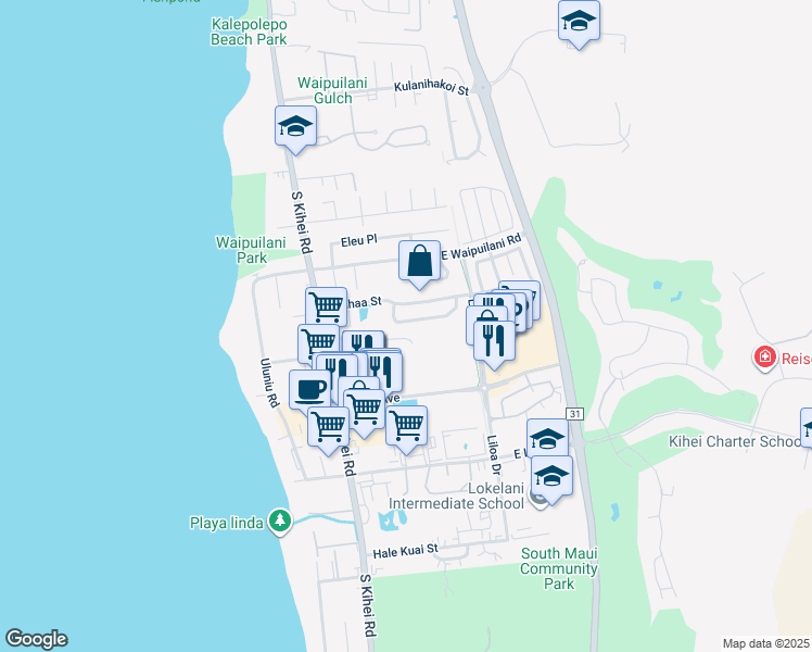 map of restaurants, bars, coffee shops, grocery stores, and more near 40 Laumakani Loop in Kihei