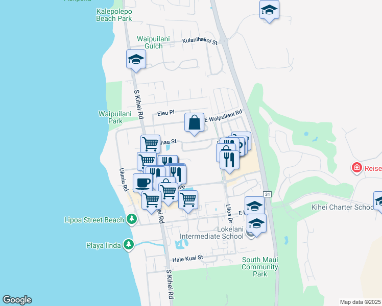 map of restaurants, bars, coffee shops, grocery stores, and more near 50 Laumakani Loop in Kihei